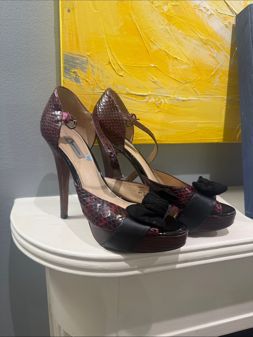Classiques Entier Burgundy Snakeskin Peep-Toe Heels with Black Bow